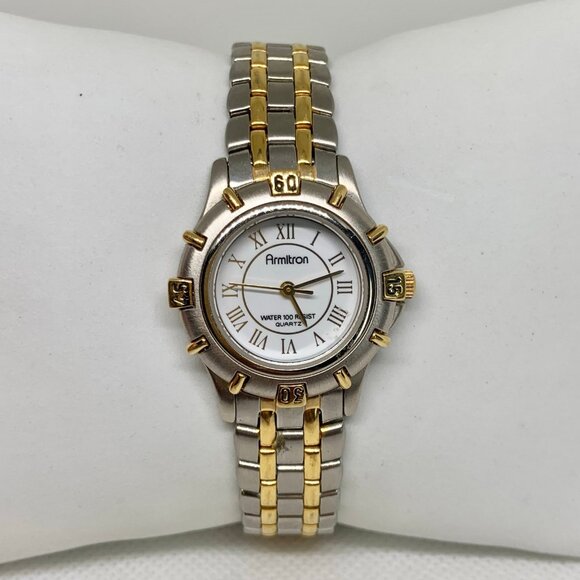 Vintage armitron wome silver gold tone 25mm round case analog 7.5” running - Picture 1 of 7